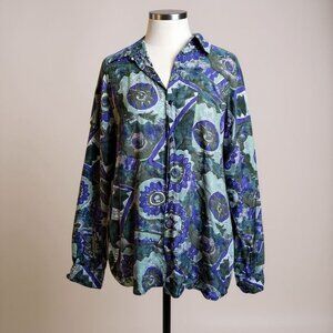 Zone Five Vintage 100% Silk Shirt L Abstract Floral Purple Green Long Sleeve